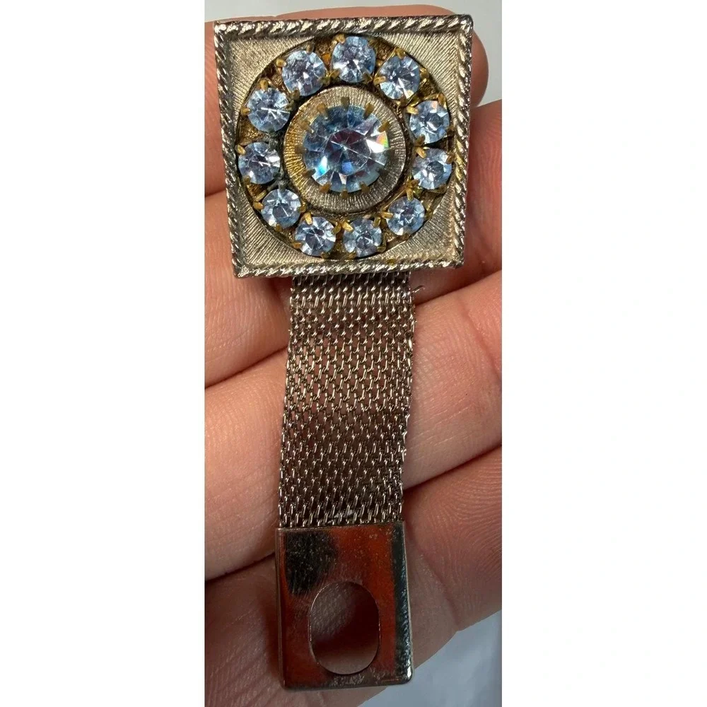 VTG Silver Tone Blue Rhinestone Mesh Wrap Around Cufflinks Square Mid Century